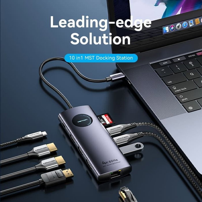 Vention Docking Station TQWHB 10 en 1 con 2xHDMI 4K, 1xDisplayPort, 3xUSB, PD, RJ45 y Lector de Tarjetas - Gris